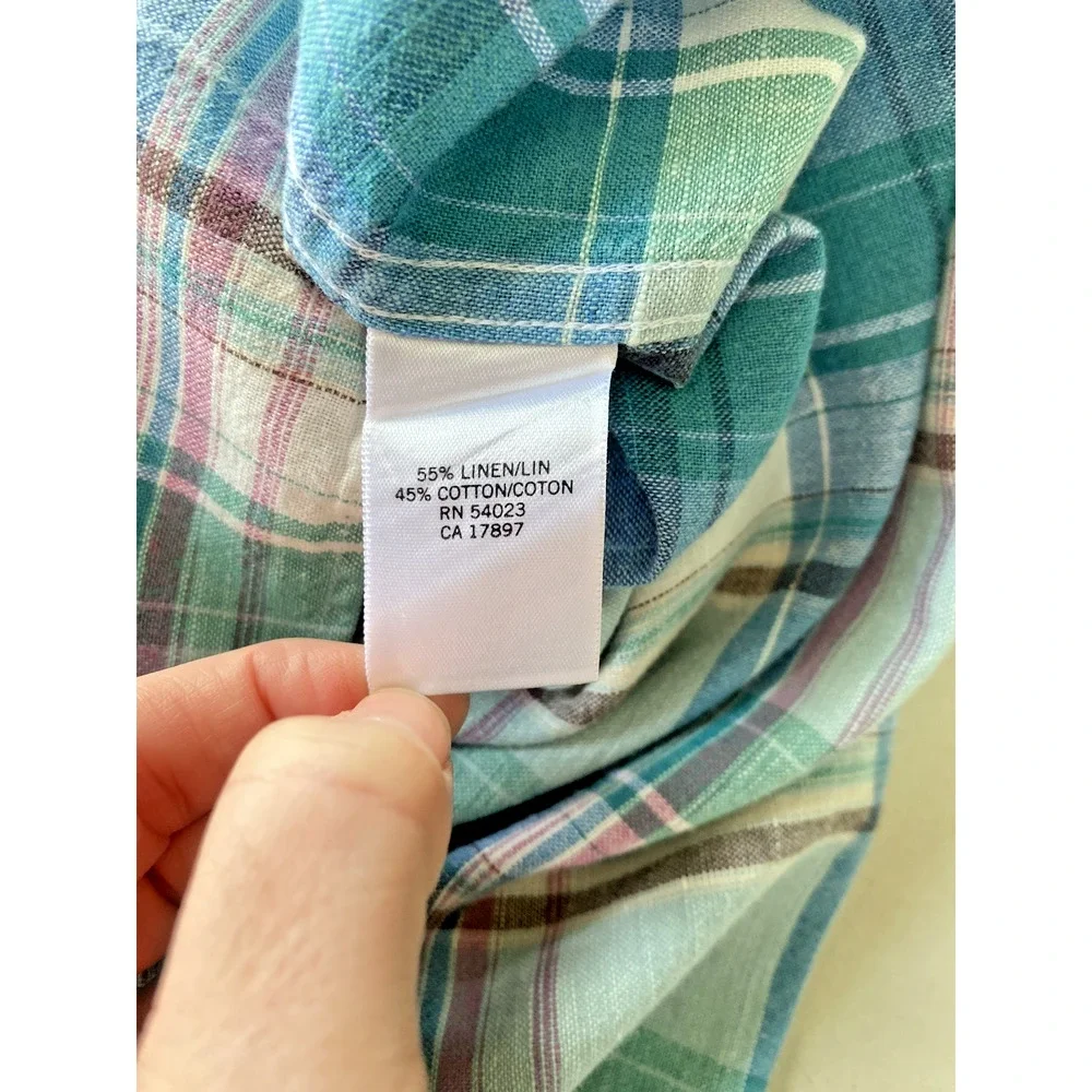 Banana Republic Shirt Mens XL Green Blue Plaid Linen Long Sleeve Office Preppy